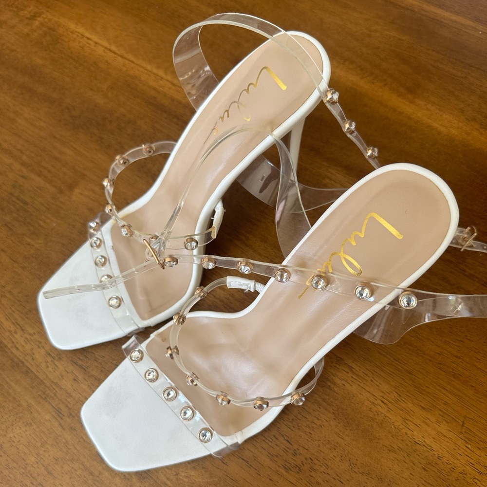 Lulus White Vinyl Rhinestone Ankle Strap High Heel